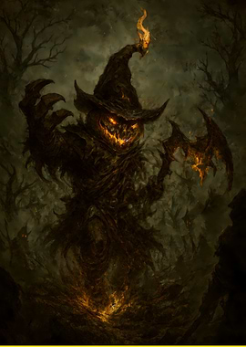 Scary Pumpkin Scarecrow in Dark Forest