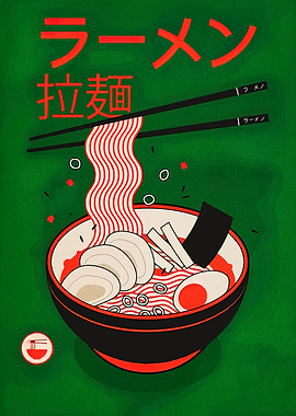 Ramen Bowl Illustration on Green Background