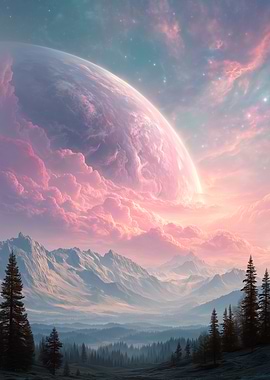 Pink Planet over Mountain Landscape