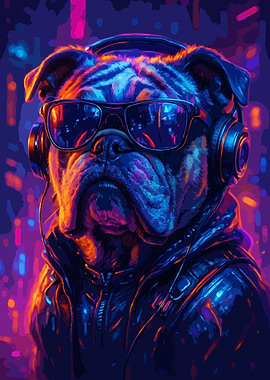 Cool Bulldog with Headphones and Sunglasses