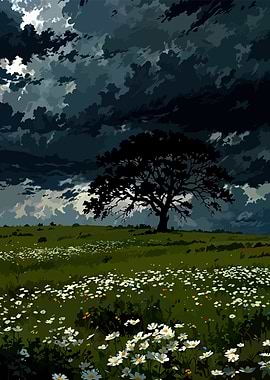 Daisy Field Under Stormy Sky