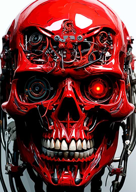 Red Mechanical Skull with Glowing Eye