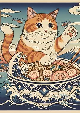 Cat in Ramen Bowl Ukiyo-e Style