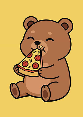 Cartoon Bear Eating Pizza Slice