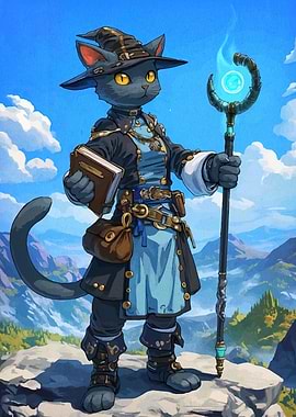 Cat Wizard with Staff and Book