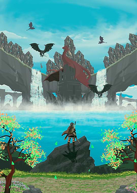 Fantasy Landscape with Dragons and Warrior