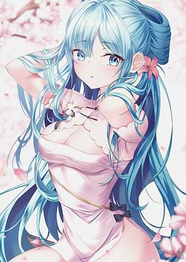 Anime Girl with Blue Hair and Flowers