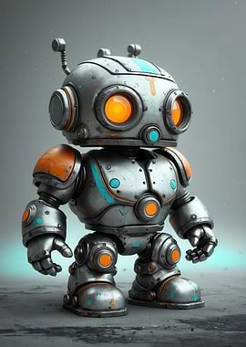 Adorable Retro-Futuristic Toy Robot — Metallic 3D Character with Orange Lights