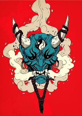 Blue Oni Mask with Yin Yang Symbol