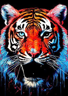 Colorful Tiger Portrait on Black Background