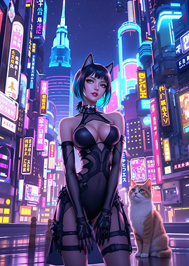 Cyberpunk Catgirl with Cat in Cityscape