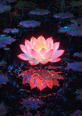 Glowing Pink Lotus Flower in Pond