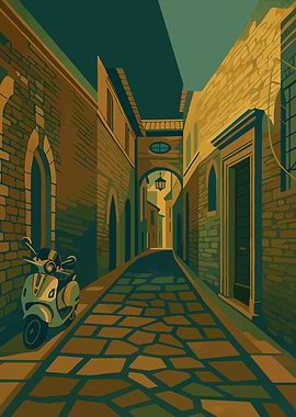 Assisi Alleyway – Art Deco Travel Poster | Italian Street Wall Art | Vintage Architecture Print