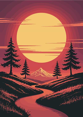 Sunset Landscape with River and Mountain