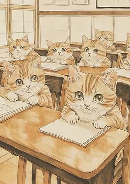 Cats in Classroom Watercolor Illustration