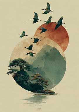 Japanese Landscape with Cranes and Sun