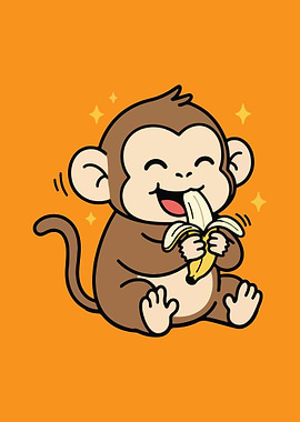 Cartoon Monkey Eating Banana Illustration