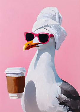 Seagull with Coffee and Sunglasses Painting