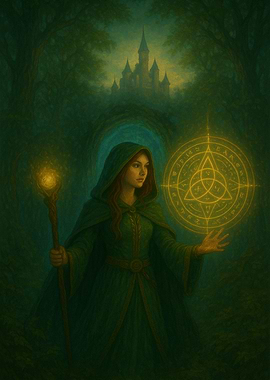 Enchantress in Forest with Magic Circle