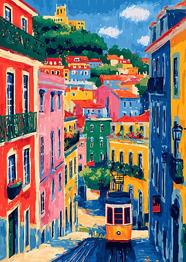 Colorful Lisbon Street with Tram