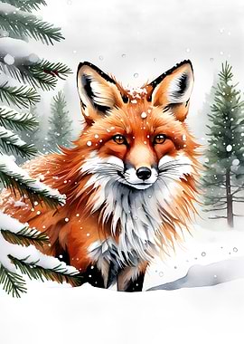 Fox in Winter Watercolor Painting