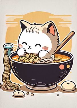 Cute Cat Eating Ramen Illustration