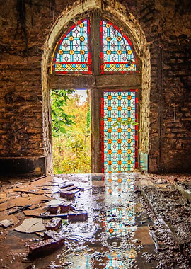 Abandoned Building with Stained Glass Window
