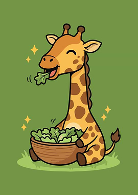 Cartoon Giraffe Eating Salad Illustration