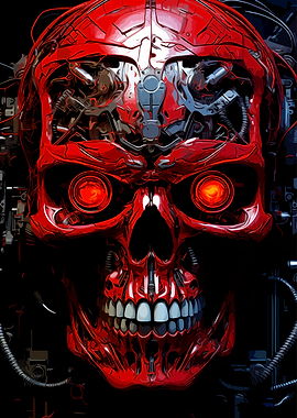Red Cybernetic Skull with Glowing Eyes