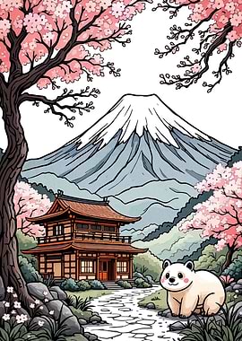 Japanese Landscape with Panda and Temple