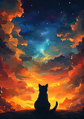 Cat Silhouette Under Starry Sky Painting