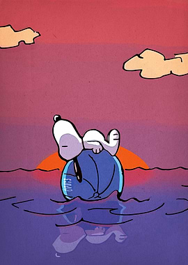 Snoopy on a ball at sunset