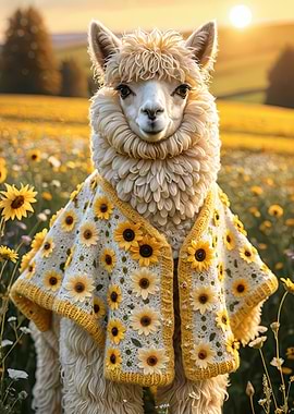 Sunflower Alpaca in Crochet Shawl — Golden Meadow Portrait