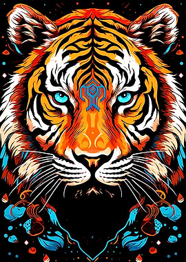 Vibrant Tiger Portrait with Tribal Symbol