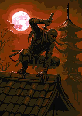 Ninja on Rooftop under Full Moon