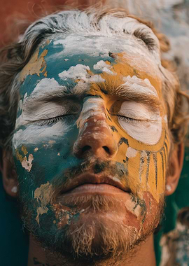 Man with painted face, eyes closed