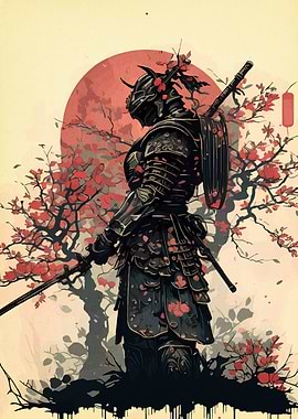 Samurai in Armor with Cherry Blossoms