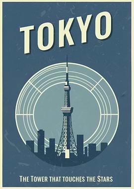 Tokyo Tower Vintage Travel - Retro Tokyo Travel Poster – Mid-Century Modern Skyline