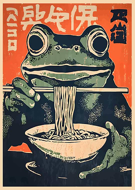 Frog Eating Noodles Japanese Art