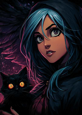 Anime Girl with Black Cat