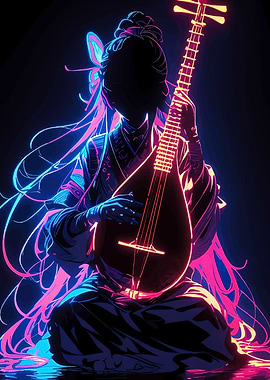 Neon Asian Musician with Stringed Instrument