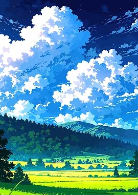 Anime Landscape with Clouds and Fields