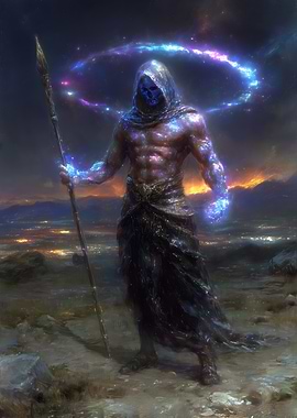 Mystical Hooded Figure with Spear