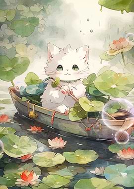 Cute Cat in Boat with Lily Pads