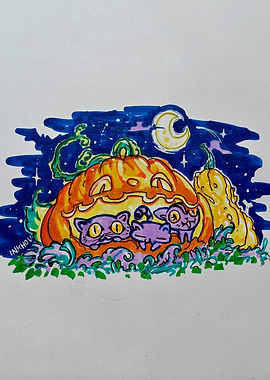 Cats in a Pumpkin Halloween Scene