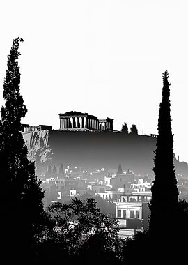 Athens Acropolis Black and White View
