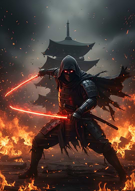 Ninja with Glowing Swords in Flames