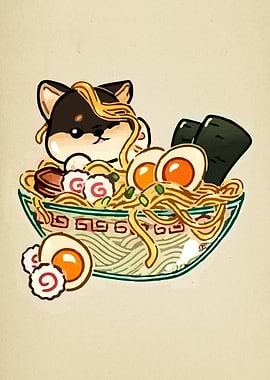 Shiba Inu in Ramen Bowl Illustration