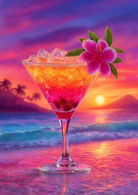 Tropical Cocktail on Beach at Sunset