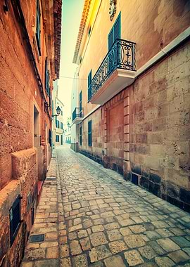 Narrow European Street with Stone Pavement, Menorca